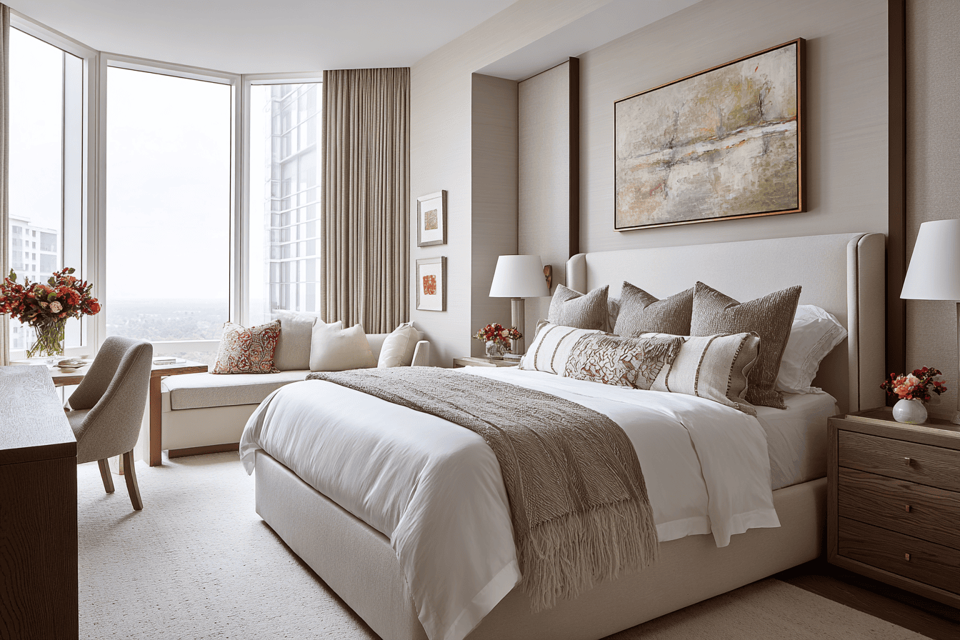 Luxury NYC townhouse bedroom highlighting material selection and tailored finishes