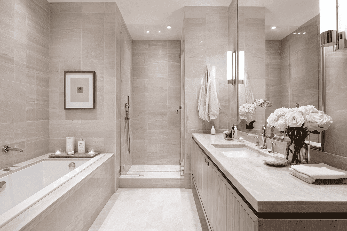 Luxury Manhattan bathroom with natural stone and floating oak vanity