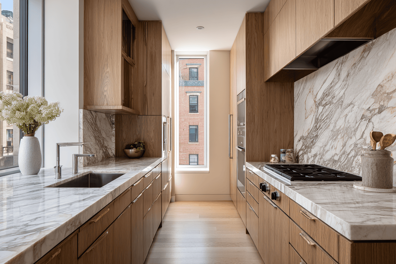 Luxury NYC apartment kitchen designed to meet building regulations and functional constraints