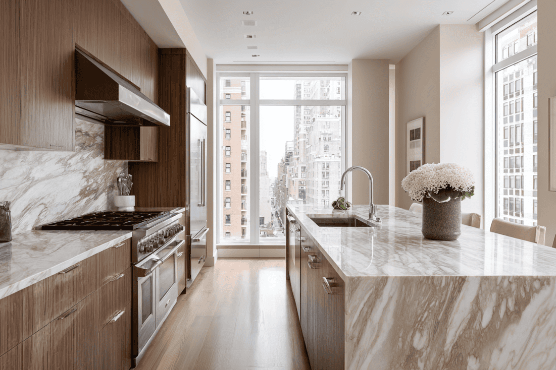 Modern luxury NYC kitchen with marble island and warm wood cabinetry