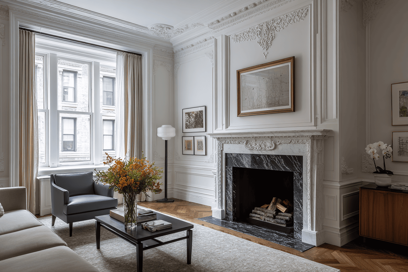 High-end prewar NYC apartment interior blending historic architecture with modern design