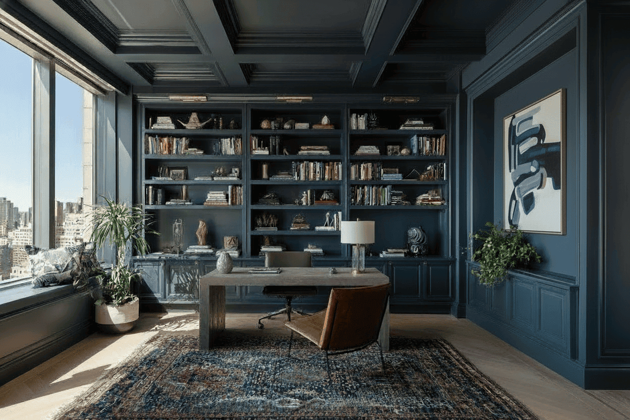 Custom NYC apartment home office with built-in millwork and modern detailing