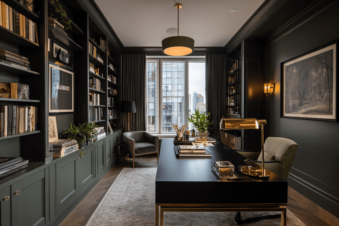 Fully styled NYC home office representing the final stage of a high-end interior design project