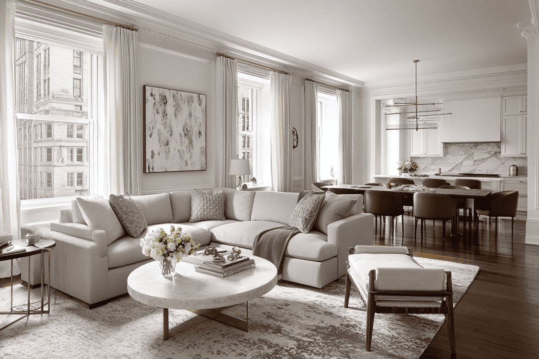 Luxury modern NYC loft living room with skyline views and organic modern furnishings