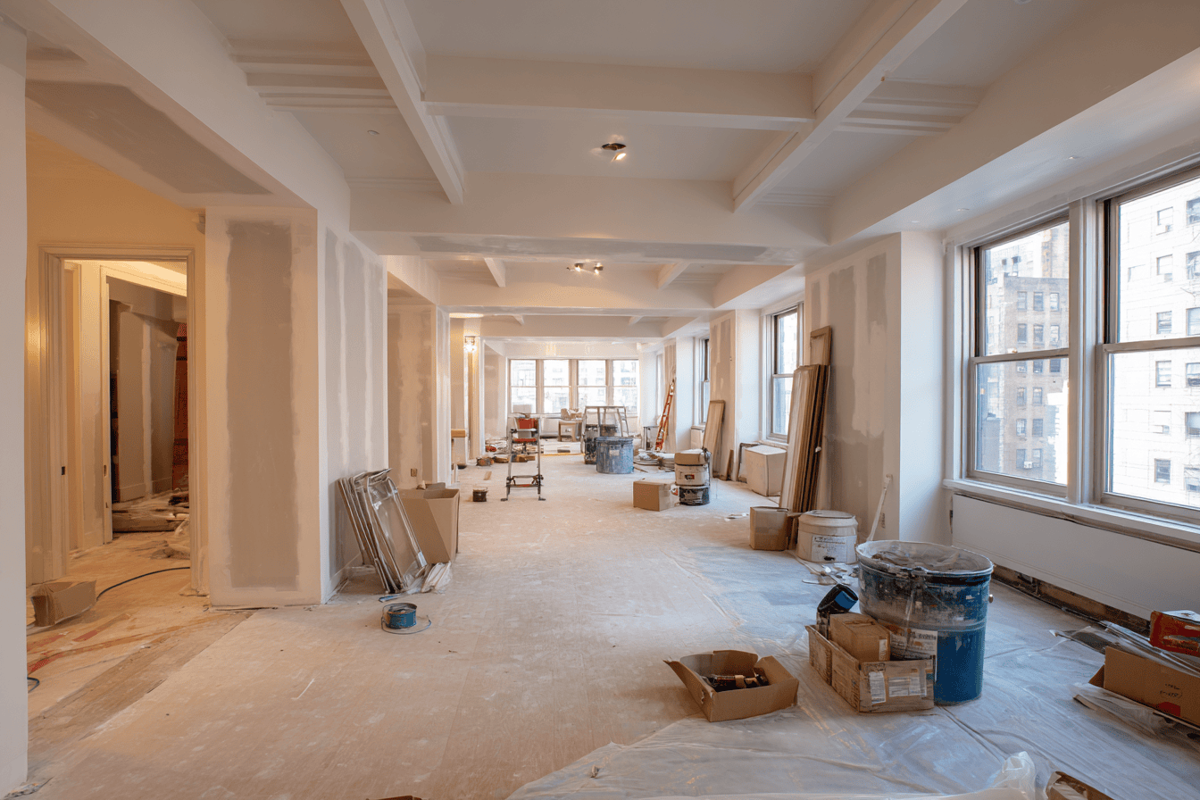 Luxury NYC apartment renovation showing organized construction and precise architectural coordination