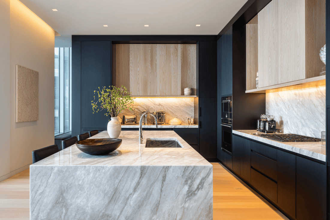 Luxury NYC interior showing marble, wood, and brass materials with natural patina