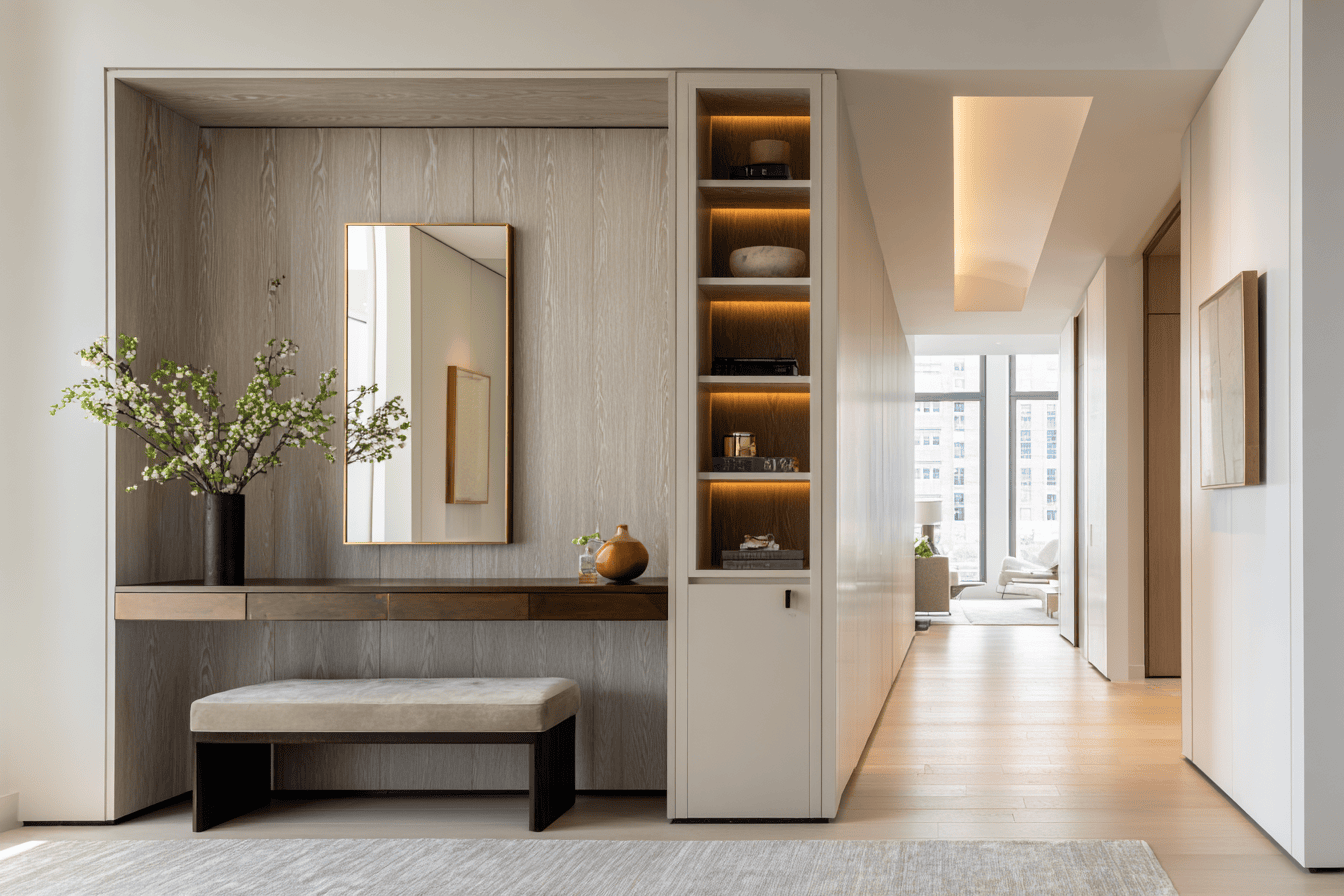 Luxury NYC apartment interior showing concealed mechanical work integrated into design