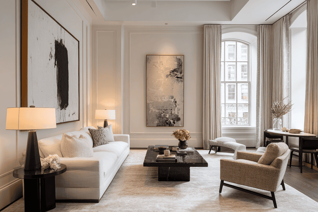 Fully installed luxury NYC living room with cohesive styling and high-end finishes