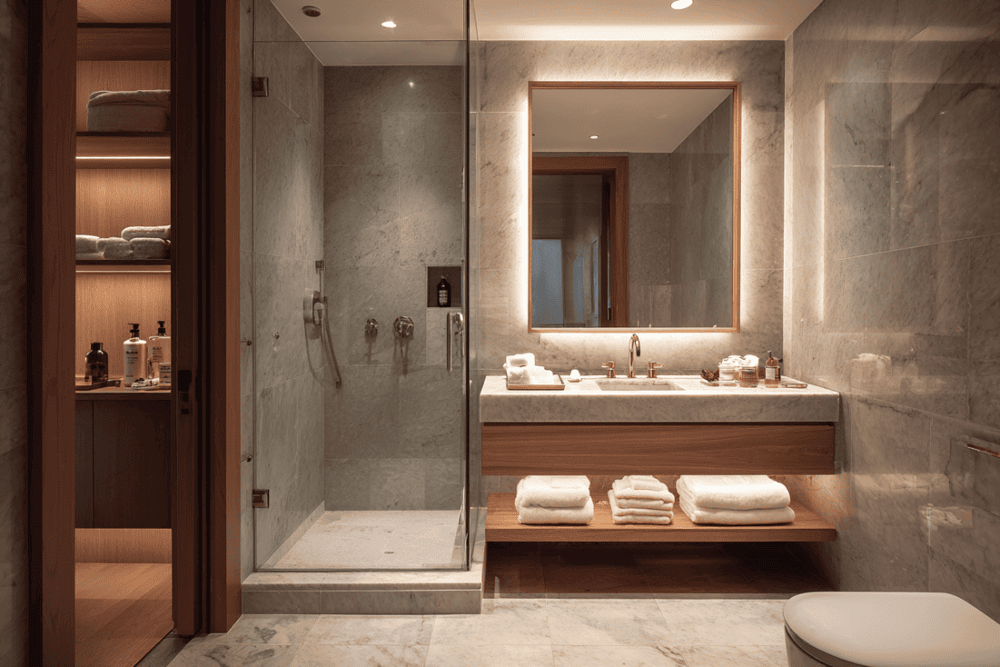 Serene luxury NYC bathroom with neutral tones and soft textures