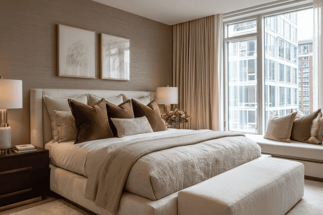 Serene luxury bedroom showing fully integrated interior architecture and decoration