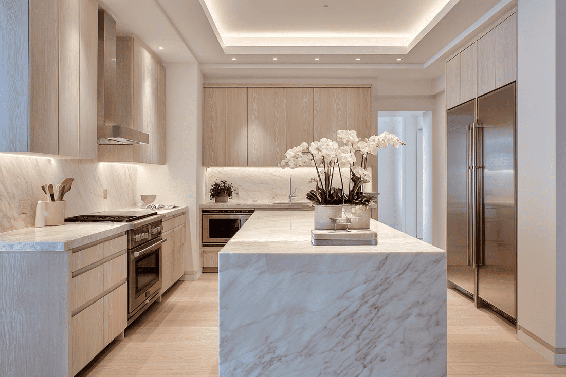 Modern NYC kitchen with custom millwork and marble island reflecting structured design planning