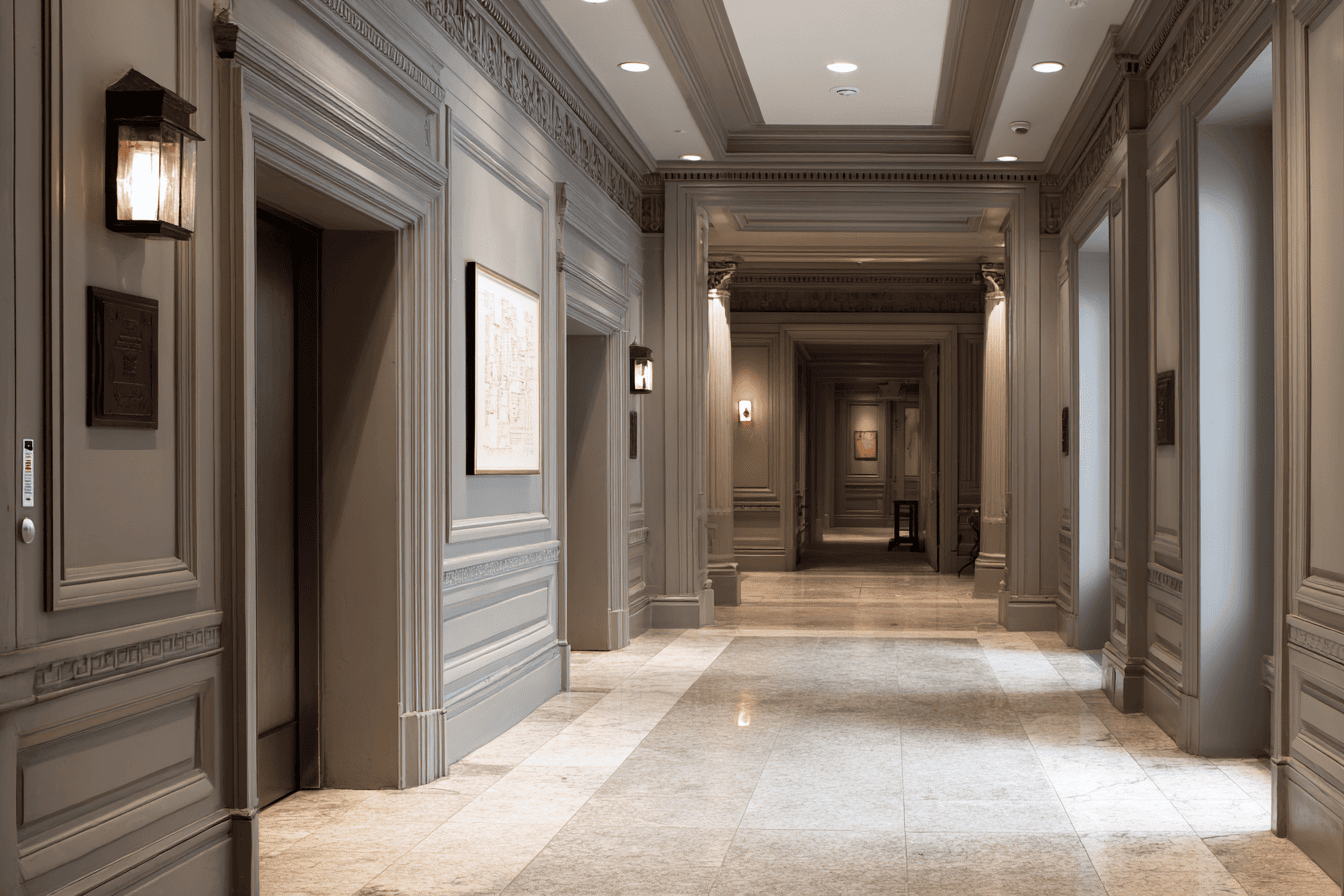 Interior of an upscale NYC apartment building illustrating renovation access constraints