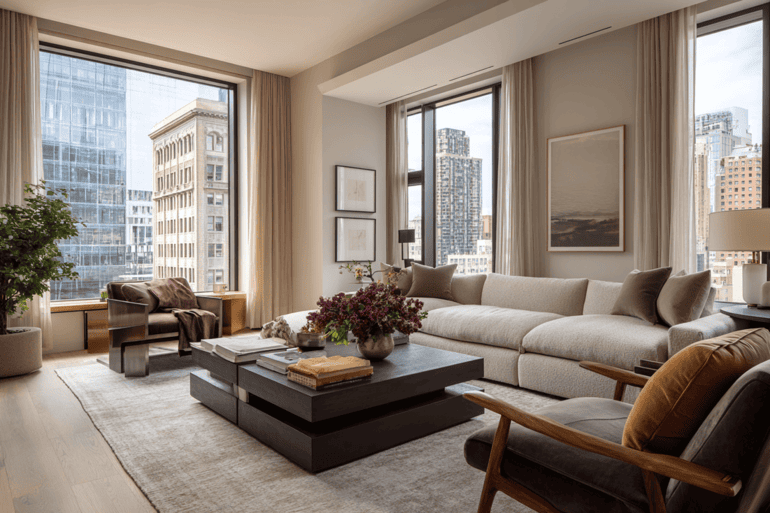 Timeless luxury living room designed with balanced proportions and natural materials