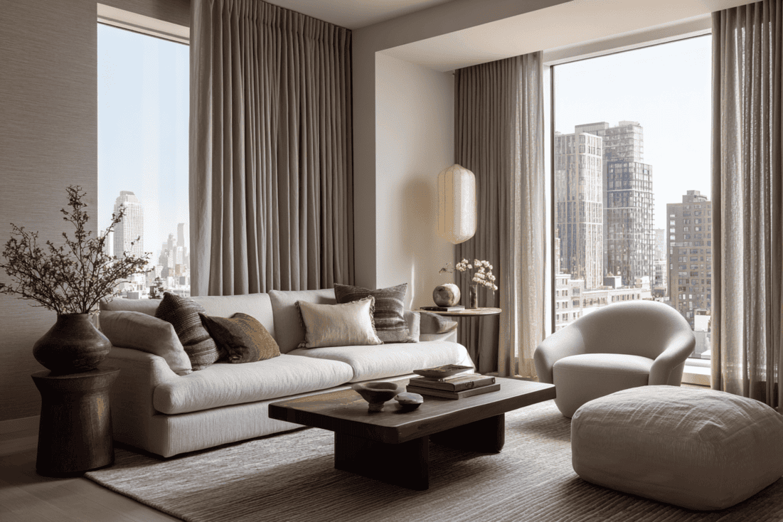 Luxury NYC loft living room with modern organic textures and neutral tones