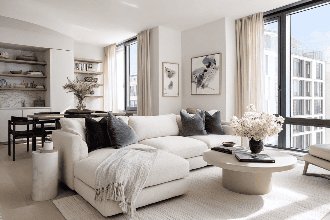 Luxury NYC living room with preserved architectural details and neutral modern design