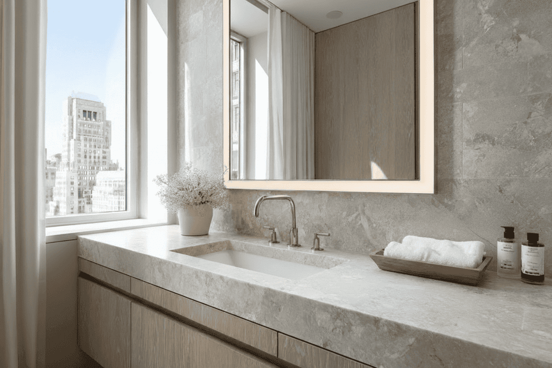High-end NYC bathroom renovation featuring custom millwork, stone surfaces, and modern integrated design.