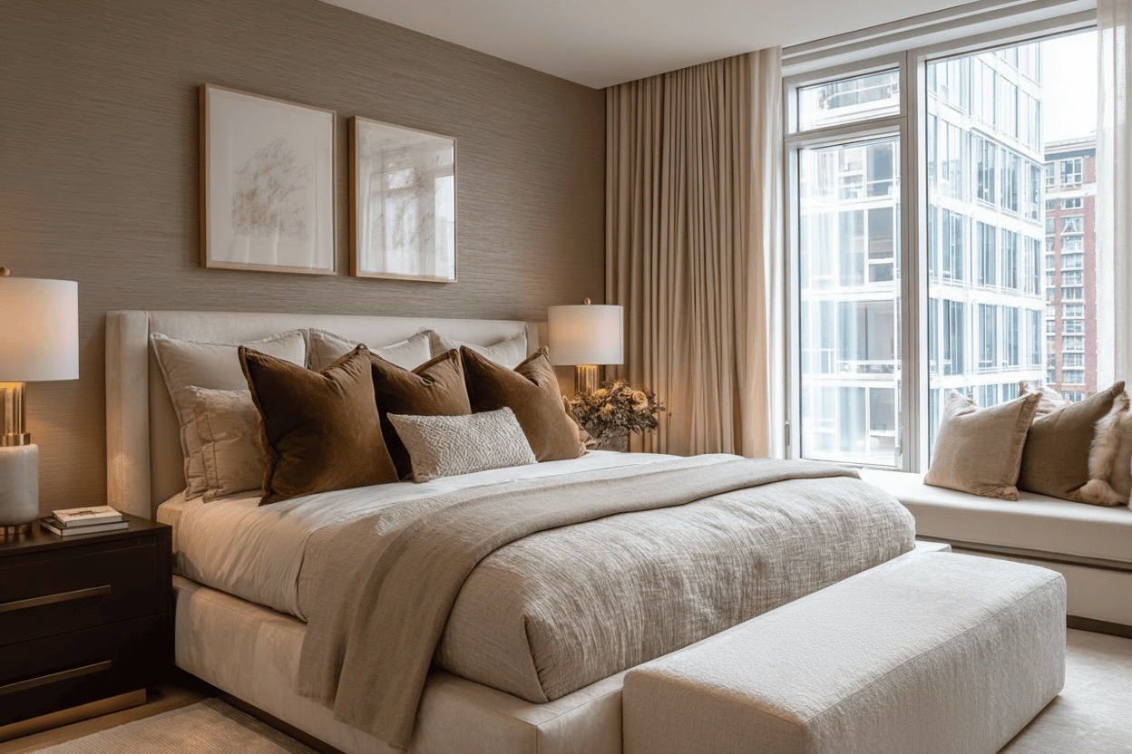 Serene luxury NYC bedroom designed with modern organic elements and high-end residential finishes